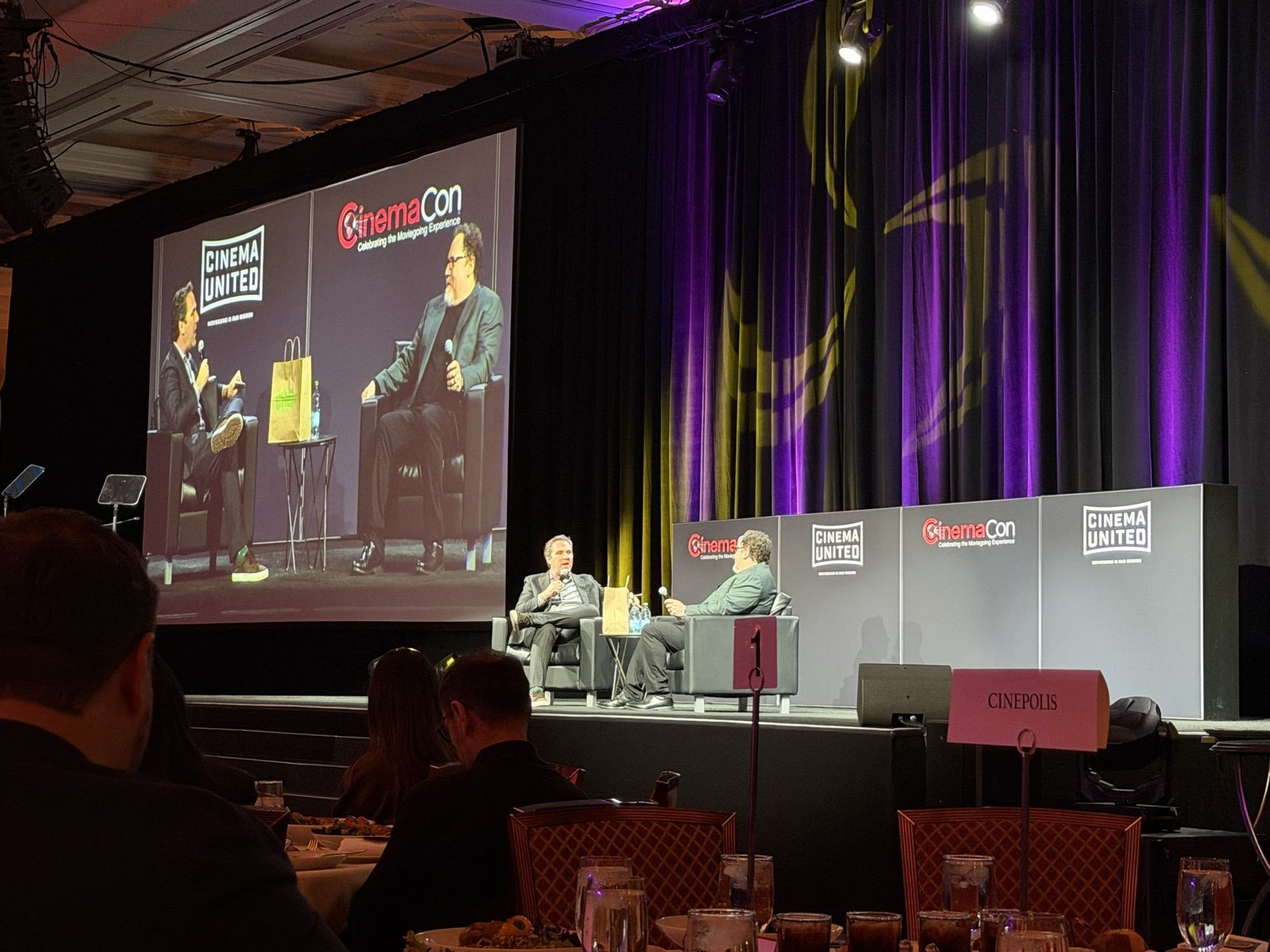 The CinemaCon 2026 main stage during a Cinema United keynote at Caesars Palace