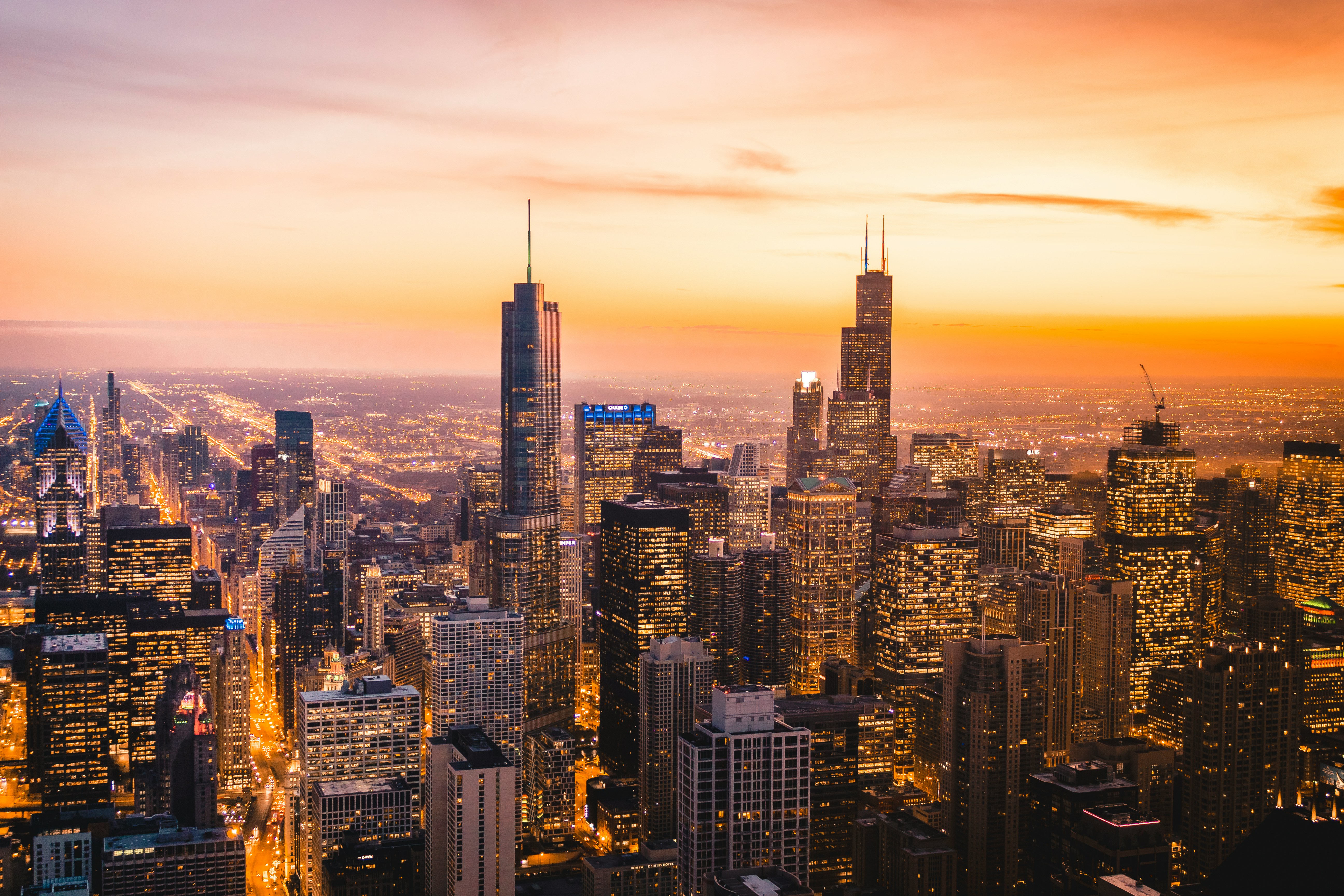 Aerial view of Chicago at golden hour